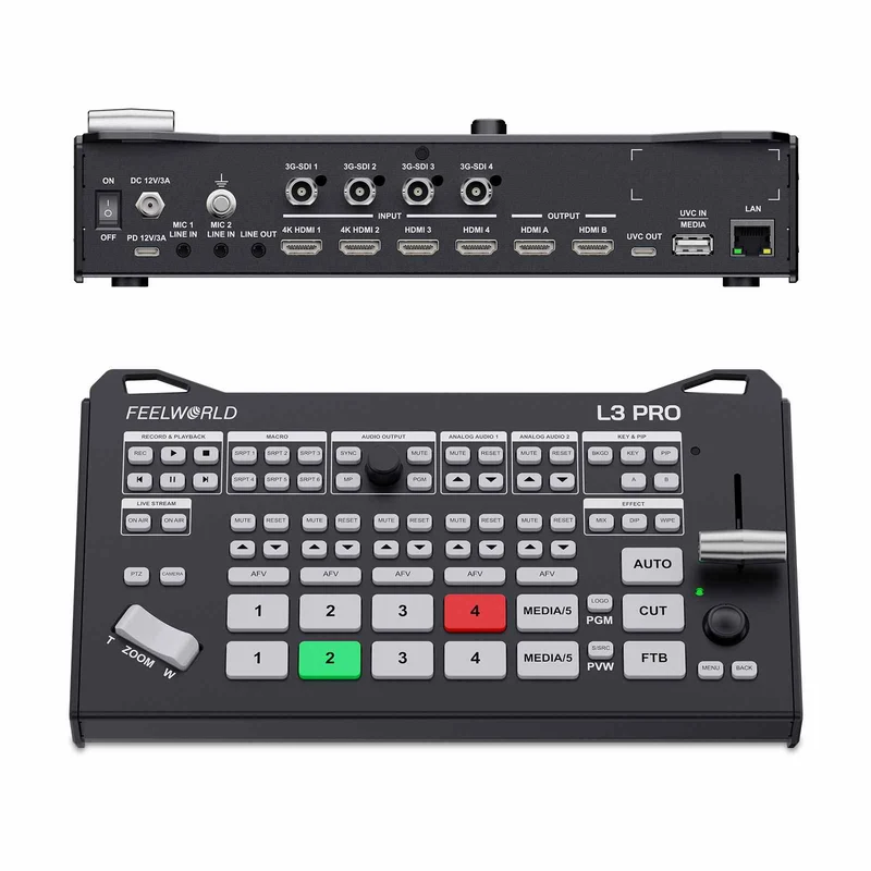 Mixer video multicamera FEELWORLD L3 PRO con 4 ingressi HDMI, SDI e 1 ingresso UVC.