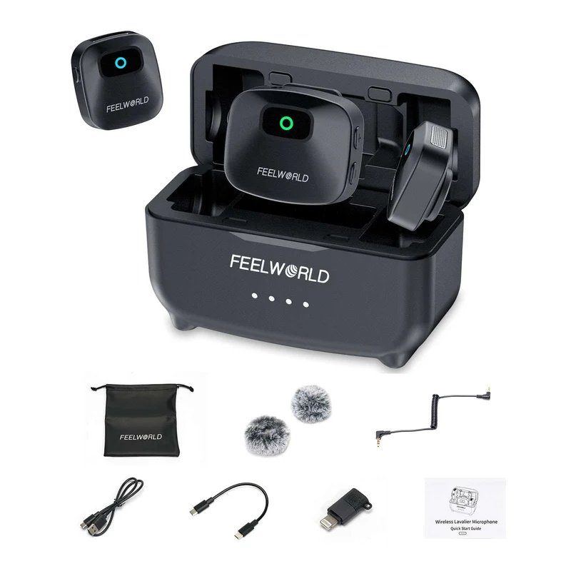 Microfono lavalier wireless FEELWORLD LM1 per telefono, computer e fotocamera (2 trasmettitori + 1 ricevitore + custodia di ricarica)