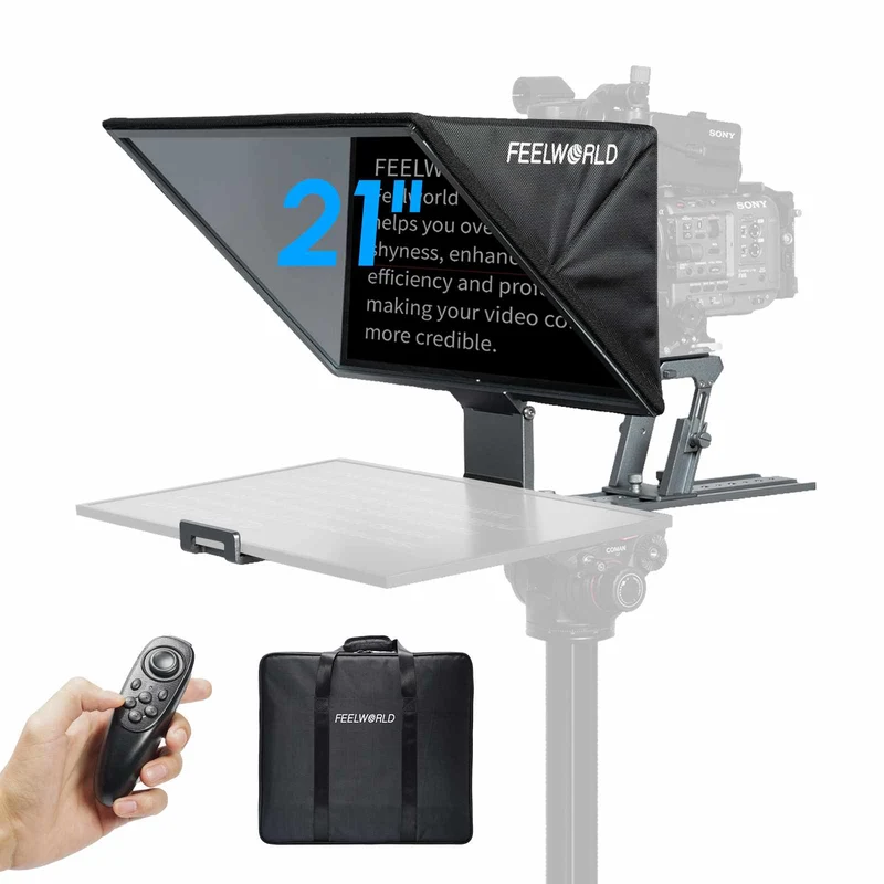 FEELWORLD TP21 Teleprompter pieghevole da 21 pollici, supporta dispositivi di prompting fino a 21.5", prompting orizzontale e verticale, telecomando Bluetooth.