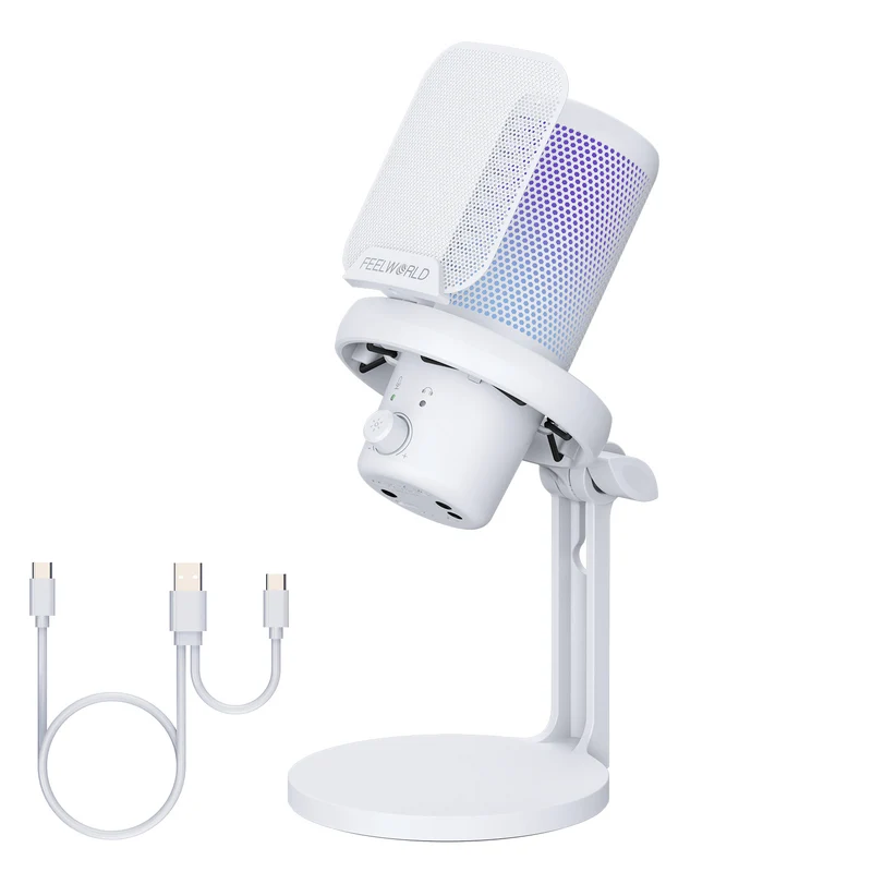 Microfono a condensatore USB per PC da gioco FEELWORLD VM1 bianco con supporto da tavolo