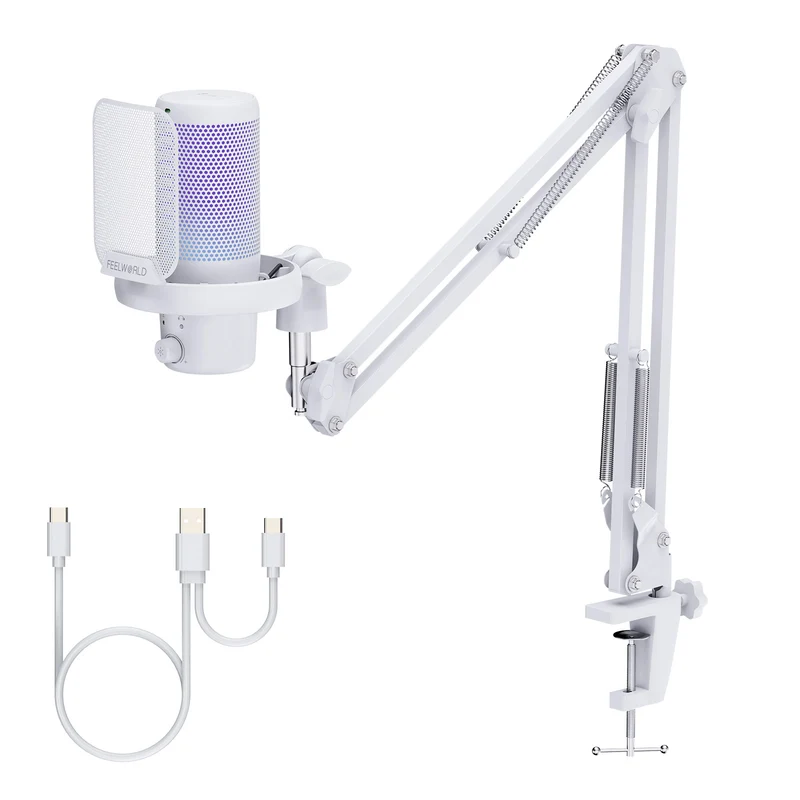 Microfono a condensatore USB per PC da gioco FEELWORLD VM1 bianco con supporto a braccio