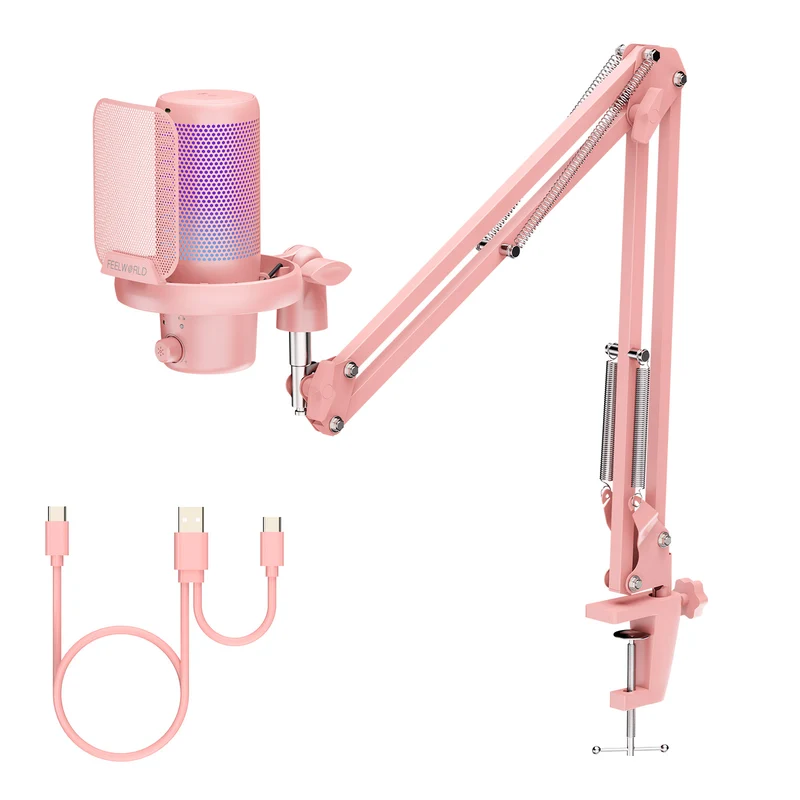 Microfono a condensatore USB per PC da gioco FEELWORLD VM1 rosa con supporto a braccio