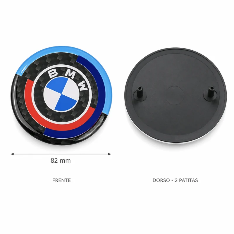 Emblema BMW 50 Aniversario efecto carbono (insignia colores M) para capó/maletero 82/74 mm, tapabujes 68/60/56 mm y volante 45 mm