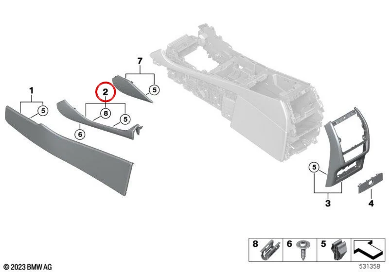 Moldura decorativa de consola central derecha en cuero Silverstone OEM 51165A3DF02 para BMW X5 G05 y X5 G05 LCI. Original BMW