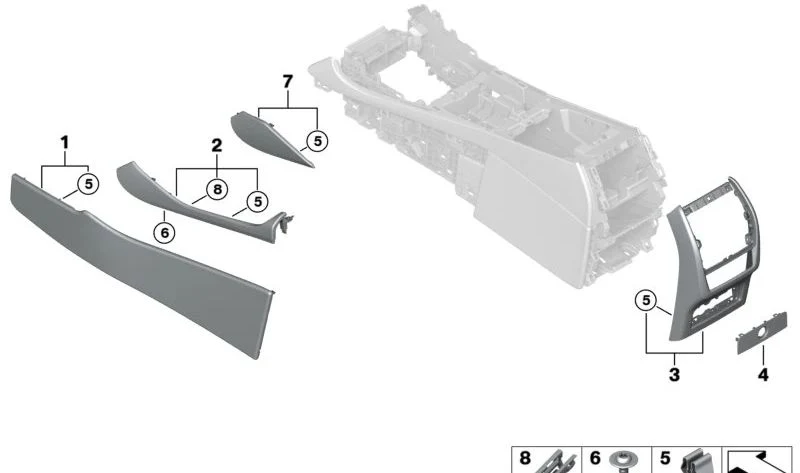 Abrazadera decorativa derecha de consola central negra OEM 51165A3DEE6 para BMW X6 G06 y X6 G06 LCI. Original BMW