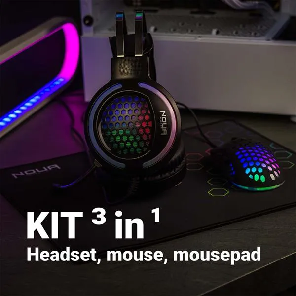 KIT GAMING NOUA URANUS 3IN1 CUFFIE E MOUSE 7200DPI RGB+TAPPETIN