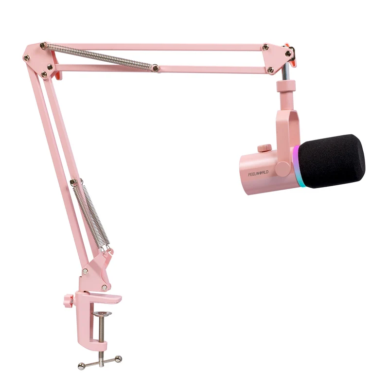 Microfono dinamico USB FEELWORLD PM1 rosa XLR con supporto a braccio per podcast