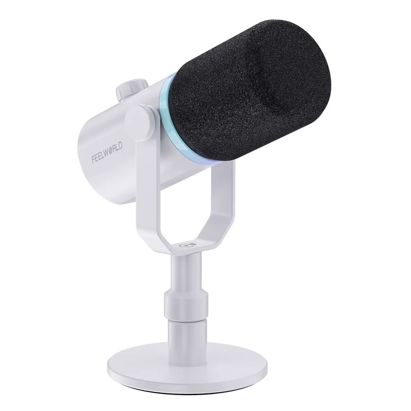 Microfono dinamico USB XLR bianco FEELWORLD PM1 con supporto da tavolo per podcast