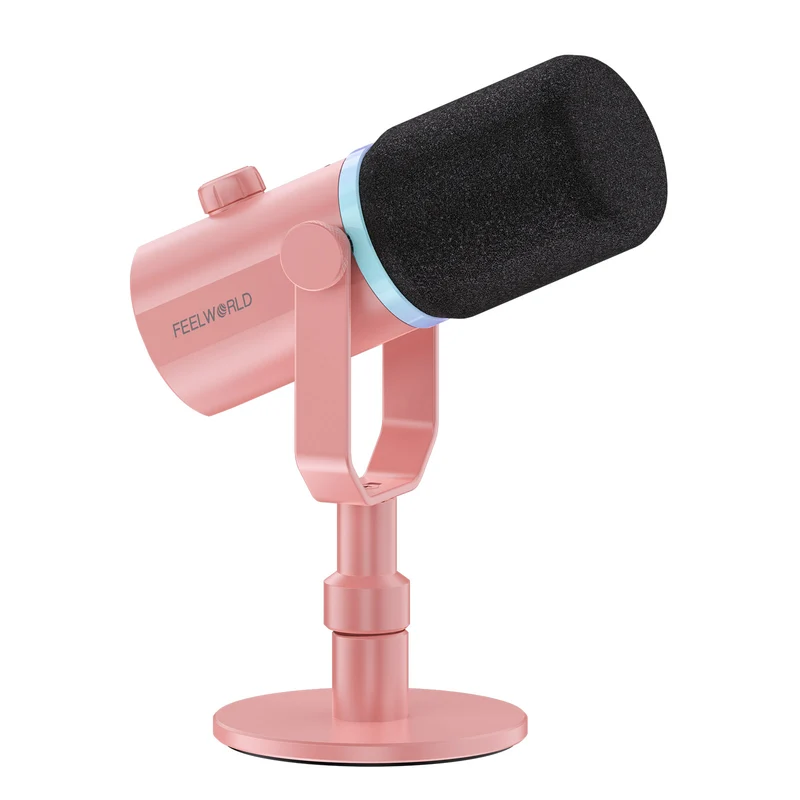 Microfono dinamico USB FEELWORLD PM1 rosa XLR con supporto da tavolo per podcast