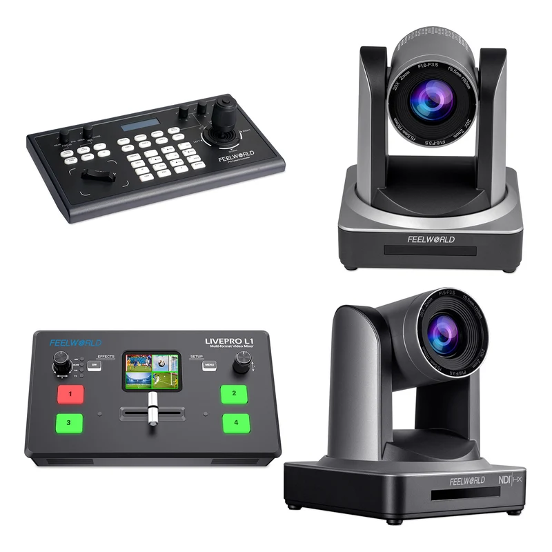 FEELWORLD KBC10 Controller PTZ e Livepro L1 V1 Video Switcher e POE20X PTZ Camera e NDI20X PTZ Camera Bundle Set