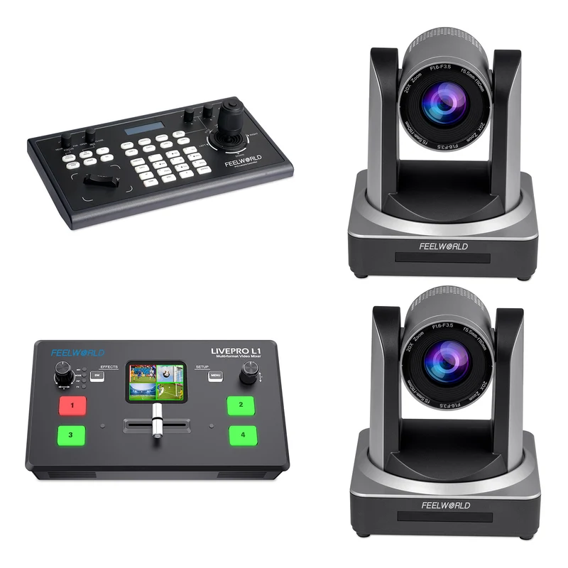 FEELWORLD KBC10 Controller PTZ e Livepro L1 V1 Video Switcher e 2 set di telecamere PTZ POE20X