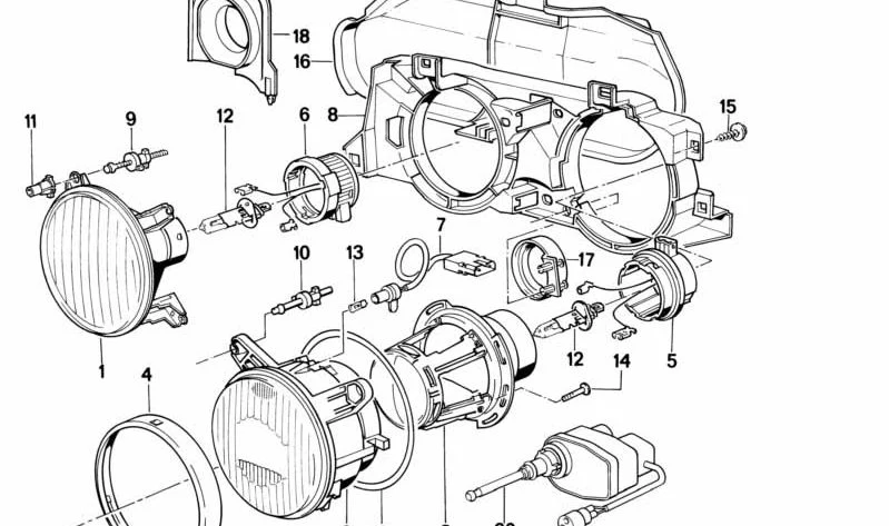 Óptica de luz de carretera izquierda amarilla OEM 63121378357 para BMW Serie 5 E34 y Serie 7 E32. Original BMW