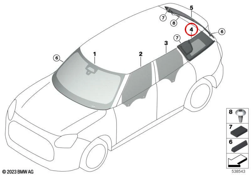 Ventanilla lateral fija trasera izquierda OEM 51375A65483 para MINI Countryman U25. Original MINI