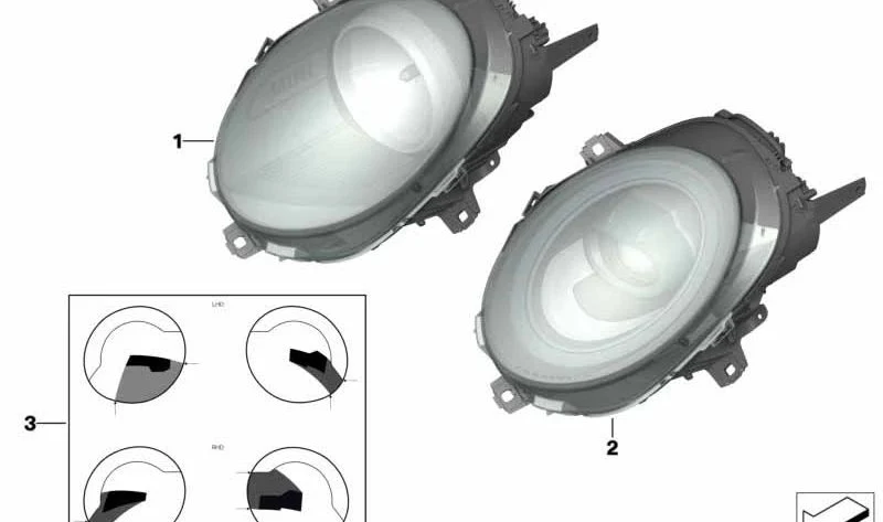 Juego de láminas de cobertura para faros delanteros, volante a la derecha, hasta 03/2018 OEM 63120040580 para MINI F54 Clubman, F55 5 puertas, F56 3 puertas y F57 Cabrio. Original BMW