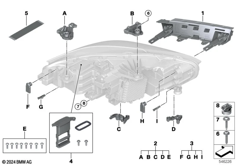 Kit de reparación de faro delantero izquierdo OEM 63115A9D105 para BMW Serie 1 F70, Serie 2 Gran Coupé F74 y F78. Original BMW