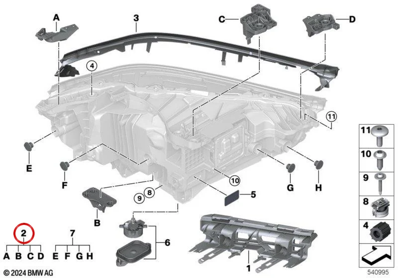 Kit de reparación para faro delantero derecho OEM 63115A7F3B6 para BMW X3 G45 y X3L G48. Original BMW