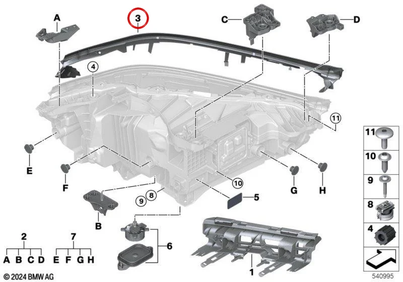 Junta de faro delantero derecho OEM 63115A788B8 para BMW X3 G45 y X3L G48. Original BMW