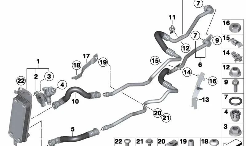 Soporte de tubería de refrigeración de aceite OEM 17227614695 para BMW F07 550i xDrive, F10 550i xDrive, F06 650i xDrive, F12, F13, F01, F02… y más. Original BMW.