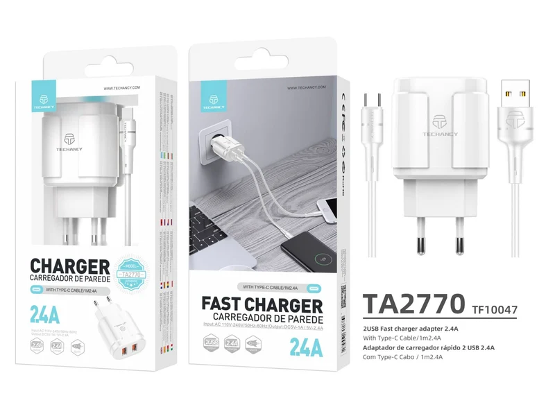 Charger With Usb-Type Cable C 2.4A 1M 2Usb White