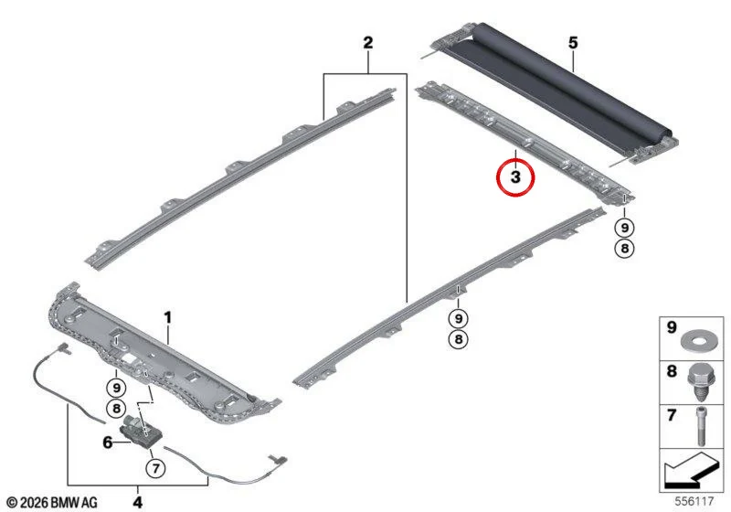 Traviesa trasera con tornillos para techo solar panorámico OEM 54105A9AE39 para BMW X3 G45. Original BMW