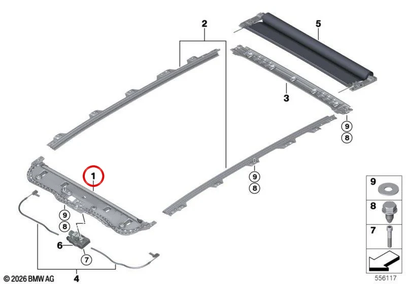 Marco frontal de persiana para techo panorámico OEM 54105A9AE32 para BMW X3 G45. Original BMW