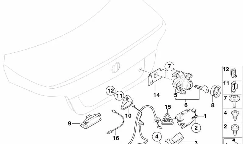 Cerradero de cierre de tapa de maletero trasera OEM 51247136777 para BMW Serie 5 E60 y Z4 E85. Original BMW.