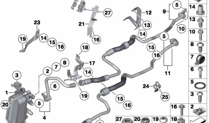 Tubería de entrada del refrigerador de aceite OEM 17227619615 para BMW Serie 5 F07, F10, F11 y Serie 6 F06, F12, F13. Original BMW