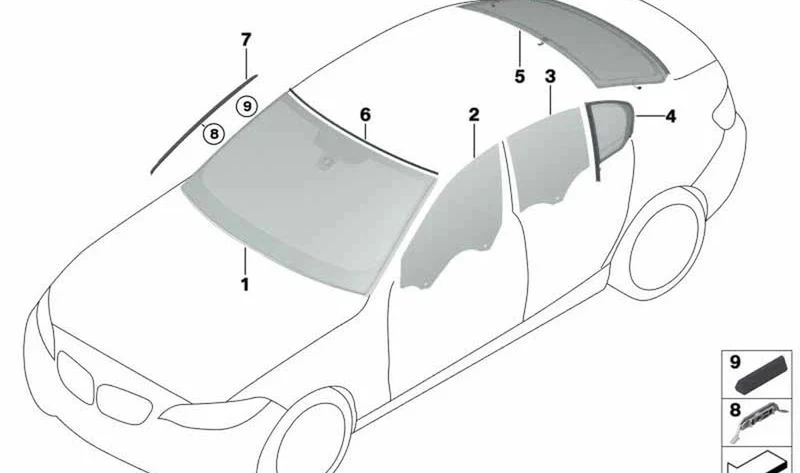 Cristal lateral fijo de puerta trasera derecha OEM 51377381812 para BMW Serie 5 G30, G31… y más. Original BMW.