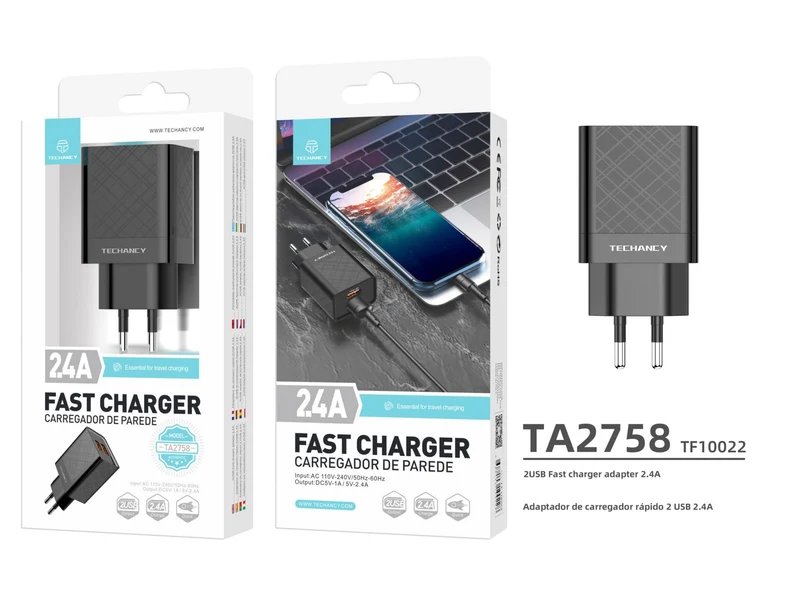 CARICABATTERIA DA MURO PER SMARTPHONE TABLET 2.4 AMPERE NERO