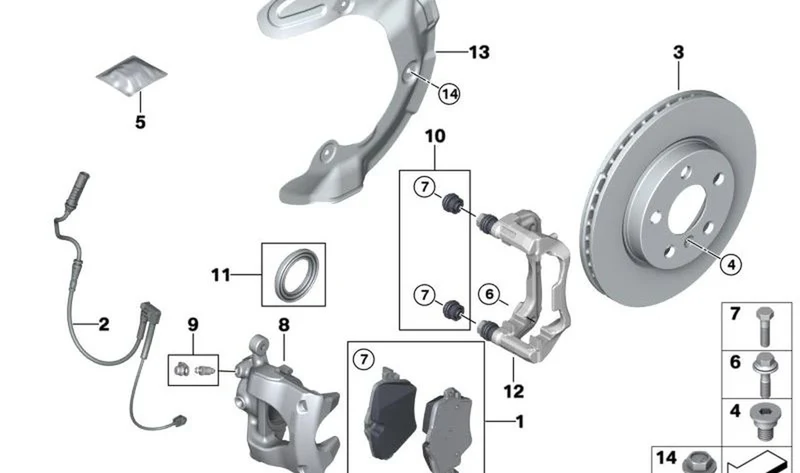 Portafrenos delantero derecho OEM 34108847198 para BMW X1 U12 y MINI Cooper J01, Aceman J05... y más. Original BMW y MINI.