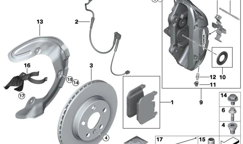 Pinza de freno delantera izquierda OEM 34106894325 para MINI F54 Clubman JCW, F56 JCW GP, F60 Countryman JCW ALL4... y más. Original MINI