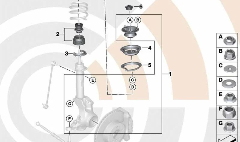 Juego de reparación del cojinete de apoyo delantero OEM 31352361249 para MINI R55 Clubman, R56, R57 Cabrio, R58 Coupé, R59 Roadster... y más. Original MINI.