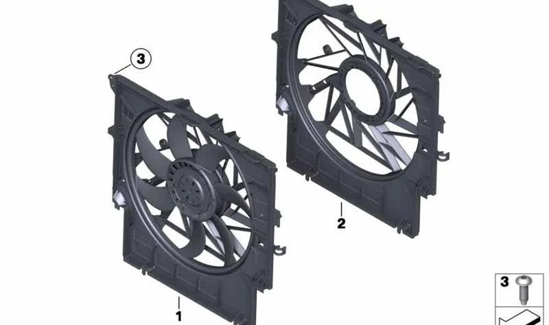 Ventilador de radiador con cerco OEM 17427560877 para BMW X3 F25 xDrive35i y X4 F26 xDrive28i, xDrive35i, M40i. Original BMW.