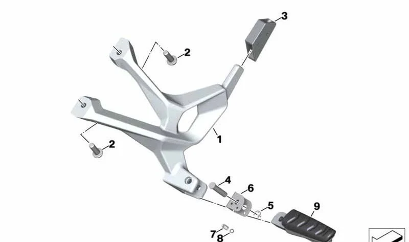Soporte de reposapiés trasero izquierdo OEM 46718404601 para motos BMW S 1000 XR K69, S 1000 XR 24 K69. Original BMW Motorrad.
