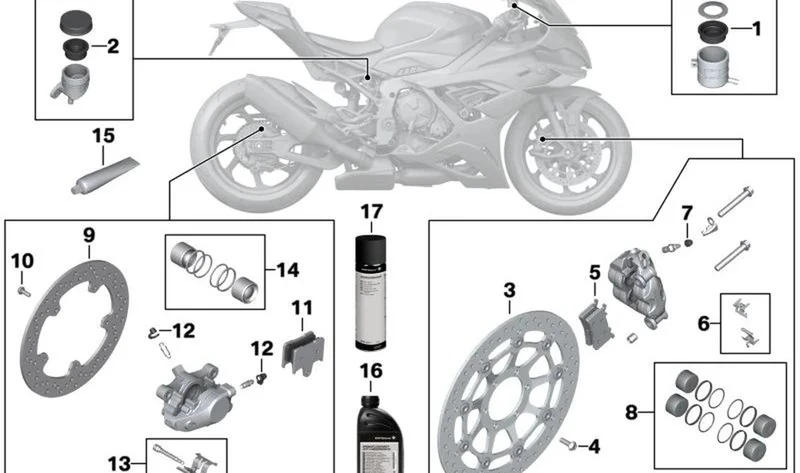 Juego de pistones con junta de pinza de freno trasero OEM 34211542315 para motos BMW M 1000 RR K66 (2020-2025). Original BMW Motorrad.