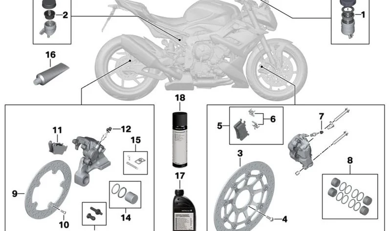Juego de fijación de forros de freno delantero OEM 34117914737 para motos BMW S 1000 RR, M 1000 RR, M 1000 R, M 1000 XR. Original BMW Motorrad.