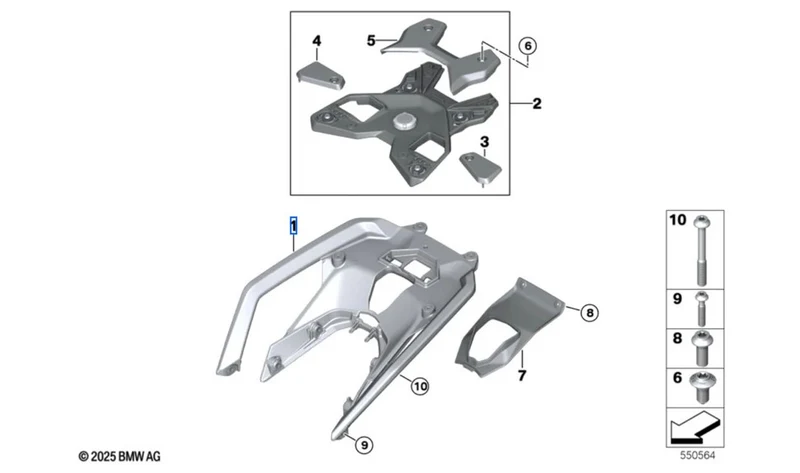 Soporte trasero para top case de aluminio OEM 46541541529 para motos BMW R 1300 RS (KA5, desde 04/2025). Original BMW Motorrad.