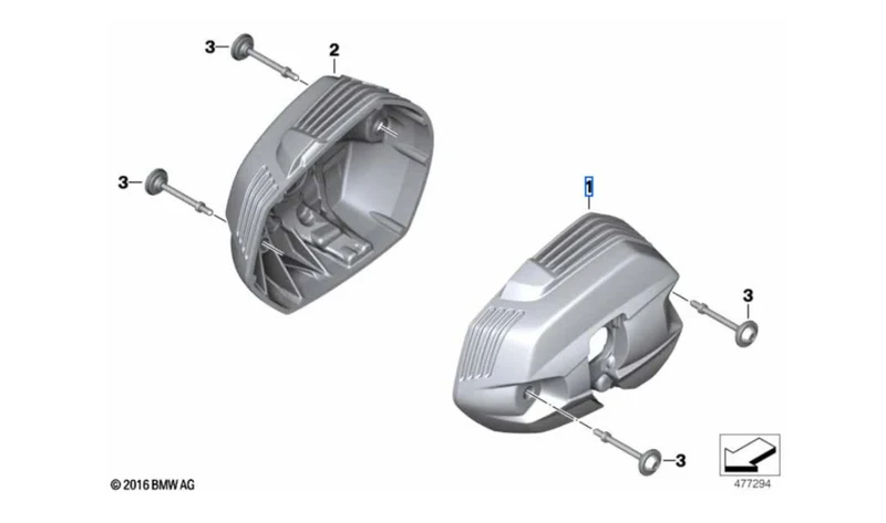 Tapa de culata izquierda plata OEM 11127723233 para motos BMW R 1200 RT, R 1200 R, R nineT, R nineT Pure, R nineT Scrambler, R nineT Racer, R nineT Urban G/S. Original BMW Motorrad.