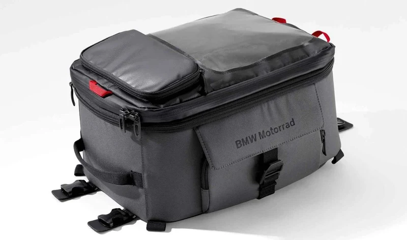 Bolsa sobredepósito grande 11-15 l gris/negro/rojo OEM 77452471174 para motos BMW S 1000 XR, F 900 R, F 900 XR. Original BMW Motorrad