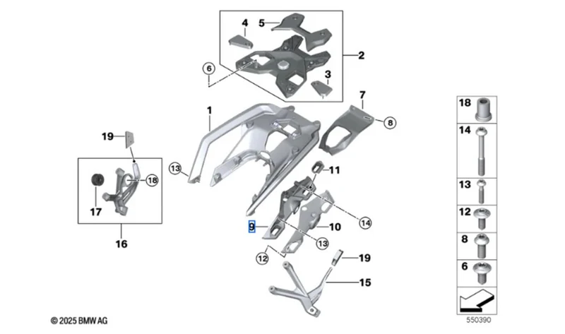 Soporte portamaletas Touring trasero izquierdo negro OEM 46545A713C7 para motos BMW R 1300 R, R 1300 RS. Original BMW Motorrad.