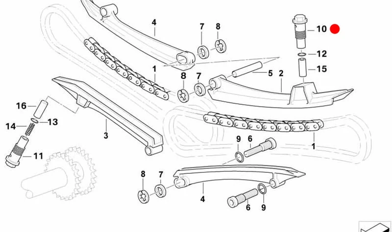 Cilindro tensor de cadena de distribución izquierdo OEM 11317688629 para motos BMW R1200GS, R1200RT, R1200R, R1150GS, R1150RT, R1100GS, R1100R, R1100RT, R850R… y más. Original BMW Motorrad.