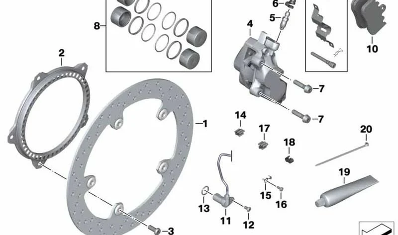 Silla de freno EVO sin pastilla derecha OEM 34117684960 para motos BMW R1200GS, R1200GS Adventure. Original BMW Motorrad.