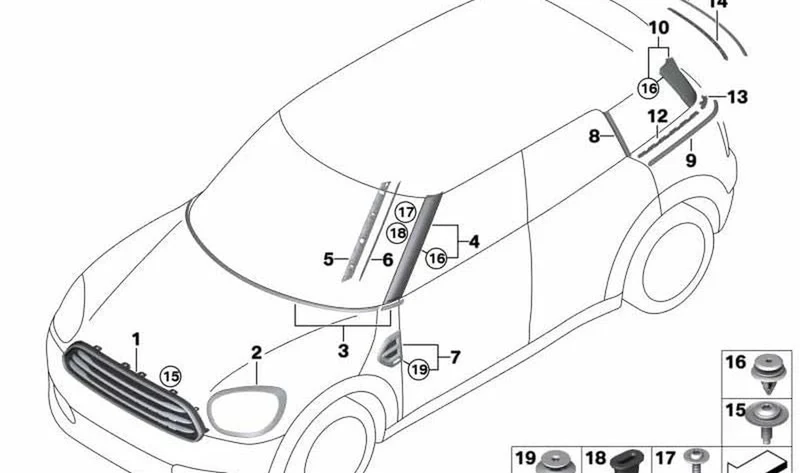 Rejilla decorativa capó delantero negro OEM 51135A1C005 para MINI F60 Cooper, Cooper ALL4, Cooper D, Cooper D ALL4. Original MINI.