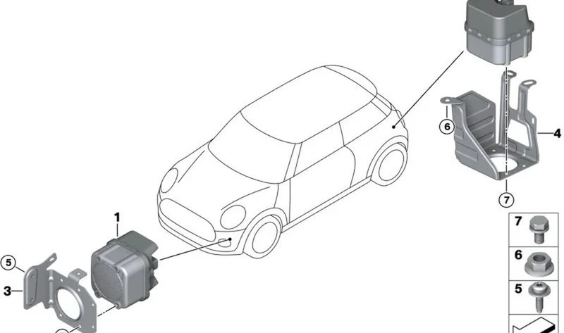 Soporte generador de sonido virtual (VSG) OEM 65158705805 delantero para MINI F56 BEV, F56 BEV LCI, Cabrio F57 BEV. Original MINI.