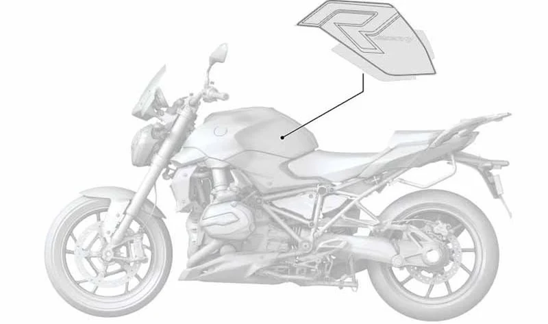 Inscripción izquierda OEM 51148565437 para motos BMW R 1200 R, R 1250 R (K53). Original BMW Motorrad.