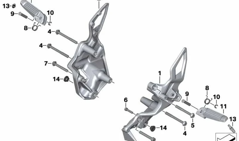 Descansa-pies derecho OEM 46718534960 para motos BMW F800GT, F800R. Original BMW Motorrad.