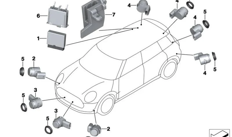 Sensor ultrasónico PDC verde British Racing OEM 66209490145 para MINI F54 Clubman, F55, F56, F57 Cabrio, F60 Countryman... y más. Original MINI.