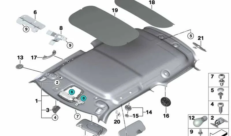 Parasol derecho con etiqueta Satellite Grey OEM 51167457046 para MINI F55, F56, F56 LCI, F56 BEV LCI... y más. Original MINI.