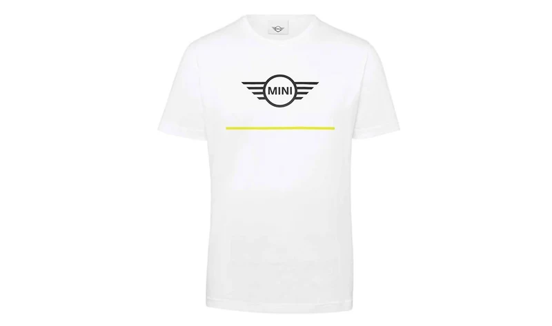 Camiseta Wing Logo CI blanca y amarilla talla L para MINI, número OEM 80145A0A569. Válido para BMW. Original MINI.