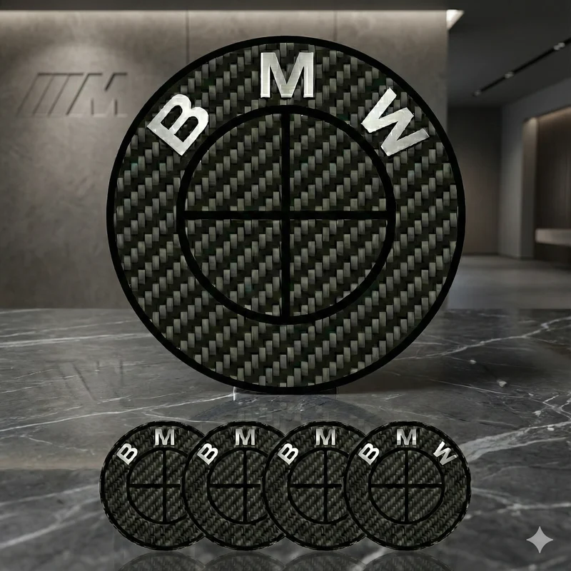 Emblema efecto carbono (insignia) para BMW – logo capó/maletero 82/74 mm, tapabujes 68/56 mm y volante 45 mm
